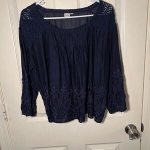 GAP Deep Blue Women's Blouse with Lace & Embroidered Accents